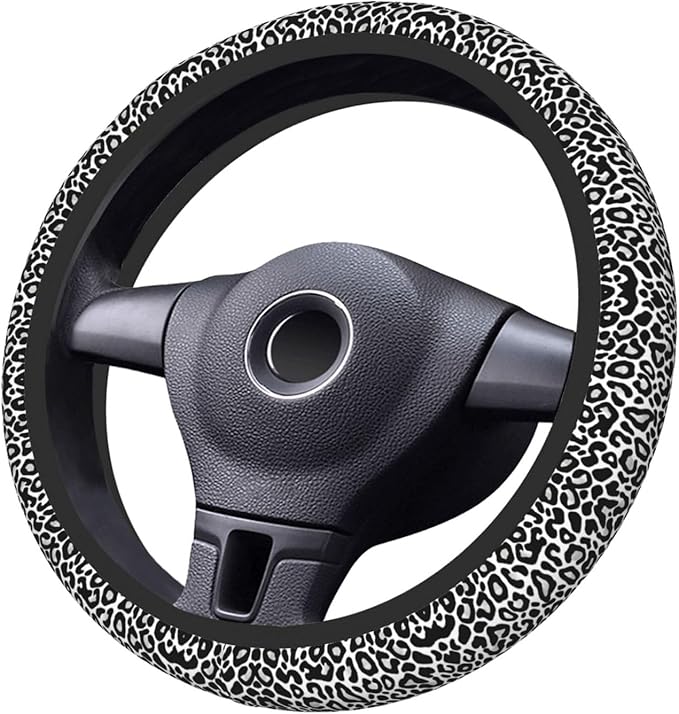 Black and White Leopard Print Universal Fit Steering Wheel Cover for Car, Truck, and SUV, Durable Steering Wheel Protection