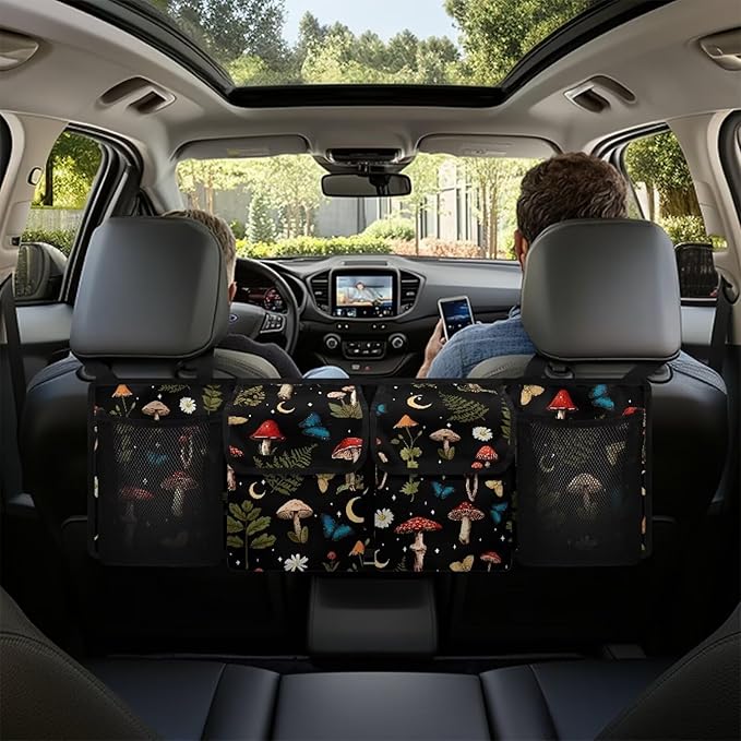 Dreaweet Mushroom Print Trunk Organizer for Car Women,Large Capacity Car Backseat Hanging Organizer for SUV,Van,Car,Cargo Storage Collapsible with 4 Pockets Adjustable Straps