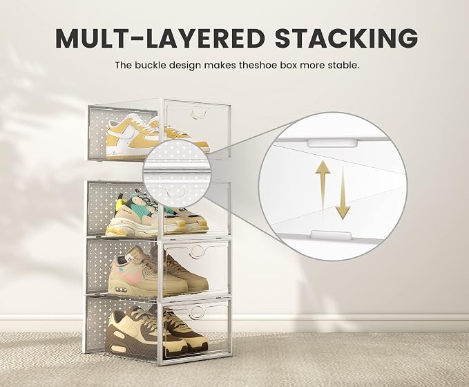 Pinkpum XXL Larger Shoe Storage Boxes Fit Size 14, Clear Plastic Stackable Shoe Organizer 12 Pack Sneaker Storage for Sneakerheads Shoe Containers, 6.8“ Height for High Shoes