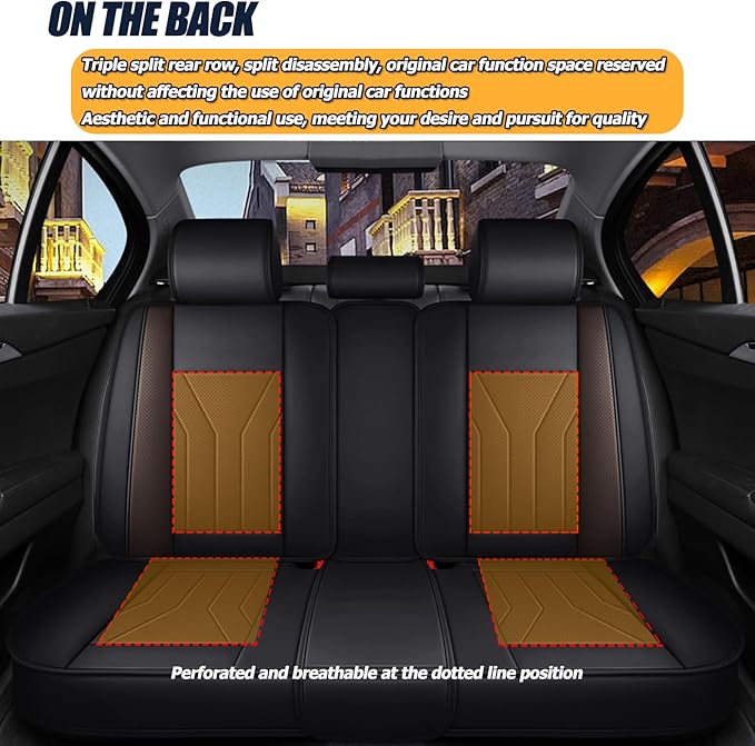 Car Seat Covers Full Set 3D Foam Back Support, 5 Seats Universal Fit for Most Cars, Nappa Leather Car Seat Cushion Super Breathable, Storage Bags, All Season, Black Coffee Car Seat Cover