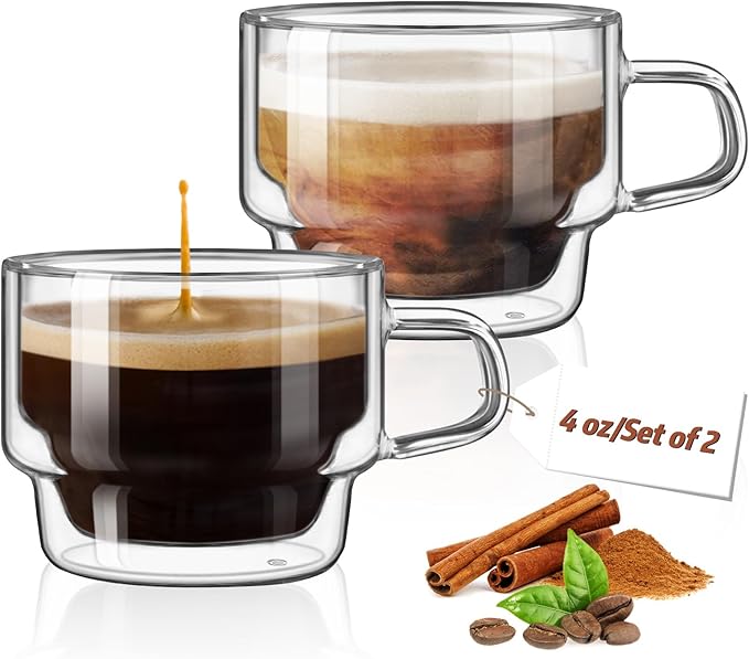 glastal Stackable Glass Cups 4 oz Espresso Glasses Double Walled Espresso Cups Glass Set of 2, 120ml Coffee Glasses Tea Glasses Espresso Cups Set for Tea, Milk, Gifts for Women Man - German Quality