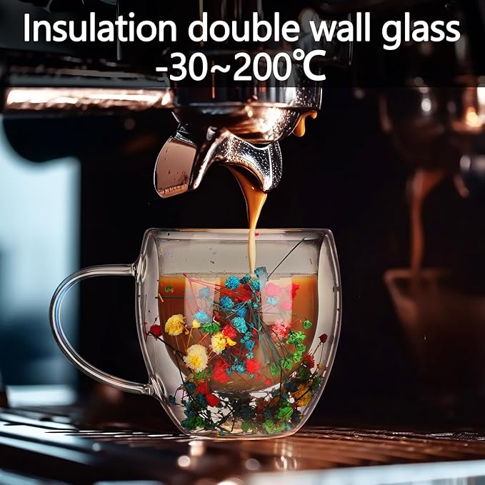 6 Pcs Flower Double Wall Coffee Mugs 8.5 oz Clear Decorative Coffee Glass Cup Insulated Heat Resistant Mug with Handle for Hot Cold Espresso Beverages Juice Birthday Mother's Day Gifts