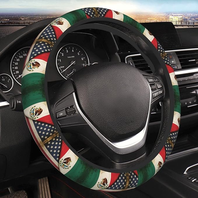 Mexican America Flag Print Universal Fit Steering Wheel Cover for Car, Truck, and SUV, Durable Steering Wheel Protection