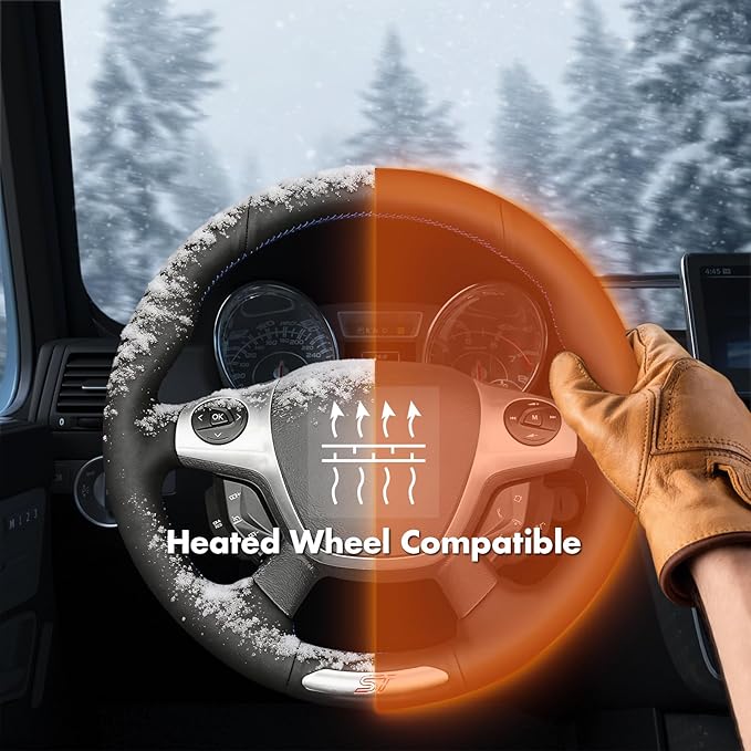 MEWANT Hand Stitch Steering Wheel Cover Fit for Ford Focus ST 2013 2014 Custom DIY Hand Sewn Black Genuine Leather Steering Wheel Wrap Interior Accessories