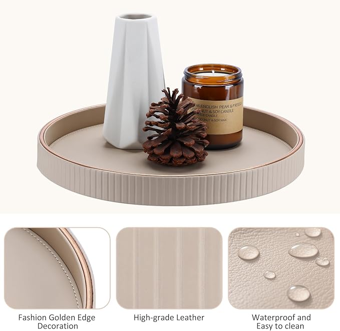 KINGFOM Round Decorative Tray, PU Leather Vanity Tray Organizer with Gold Trim for Dresser, Coffee Table & Bathroom Counter, Modern Home Decor Jewelry & Perfume Tray for Men Women (Beige)