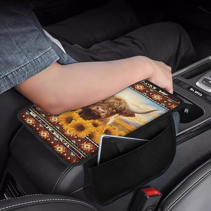 BIGCARJOB Car Center Console Cover Funny Highland Cow Print Auto Interior Accessories Car Armrest Cover Cushion Car Armrest Storage Box Sunflower Print Armrest Cover for Car SUV Truck