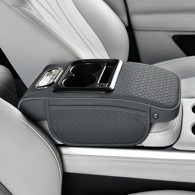 2026 Upgraded Car Center Console Cushion with 30w USB& Type-C Charging Ports, Leather Car Armrest Pad Cover, Interior Accessories for Most Vehicles (Ergonomic Sloped Version, Grey)