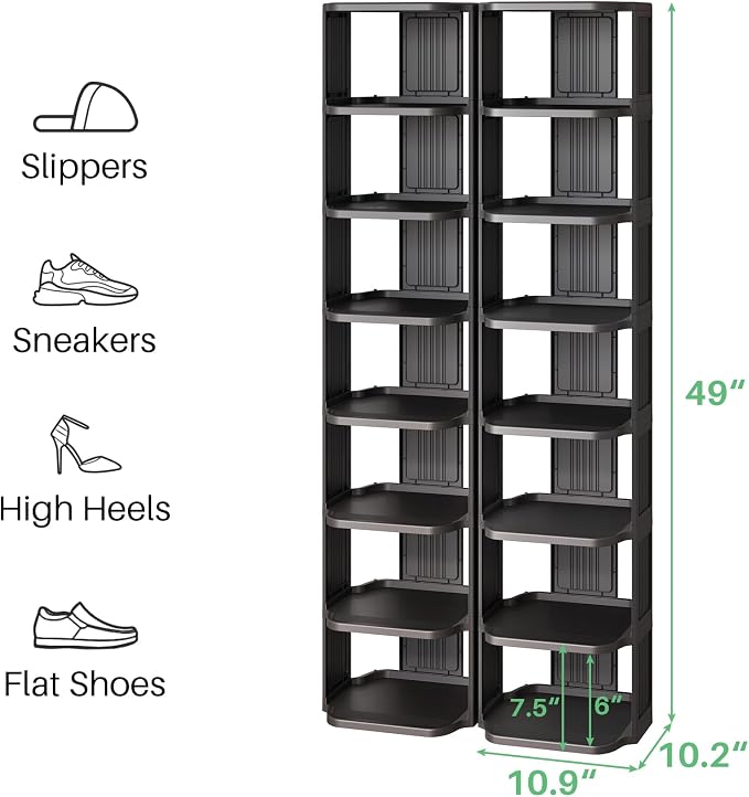 Kitstorack Stackable 16-Tier Shoe Rack for Closet & Entrance - Tall, Narrow, Vertical Shoe Stand - Plastic, Free Standing - Ideal for Small Spaces