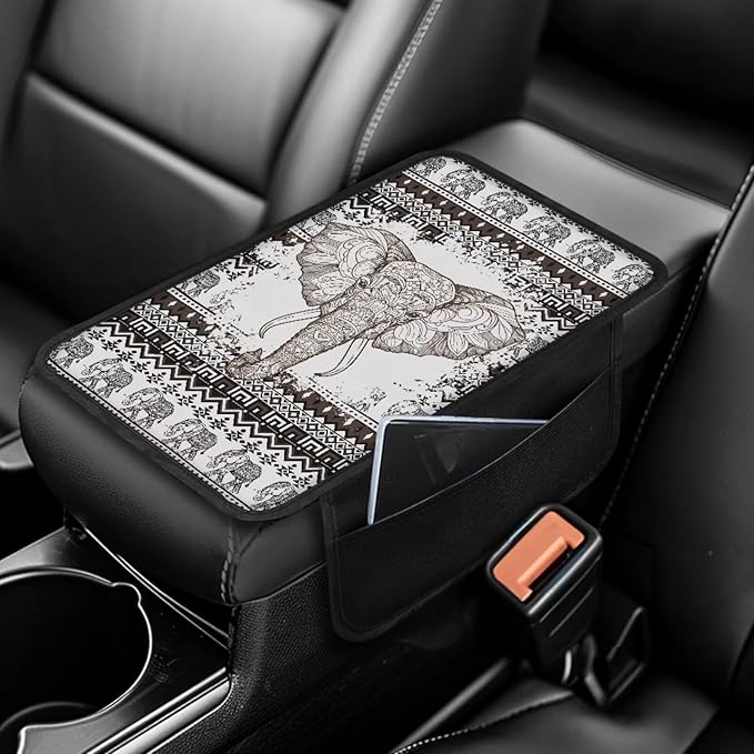 BIGCARJOB Boho Elephant Print Armrest Cover Cushion with Side Pockets Universal Middle Console Cover Vintage Elephant Print Center Console Organizer Bag Armrest Pads