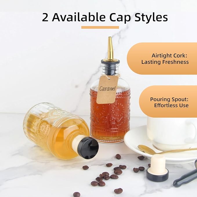 Simple Syrup Bottles Set of 2, Glass Coffee Syrup Dispenser Bottles 7 OZ With Metal Pour Spout, Labels and Stopper, Glass Syrup Dispenser for Maple Honey Syrup Oil and Sauces, LC002