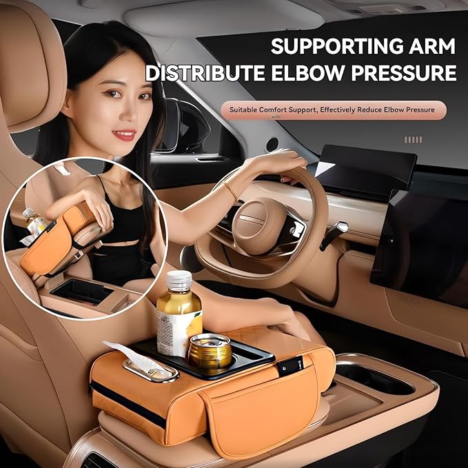 Multifunctional PU Leather Car Armrest Box Mat, 5-in-1 Multifunctional Car Armrest Cushion, Center Console Cover with 2 Cup Holder, For Storing Tissues,Phones,Wallets,Drinks,for Most Cars (Black-A)