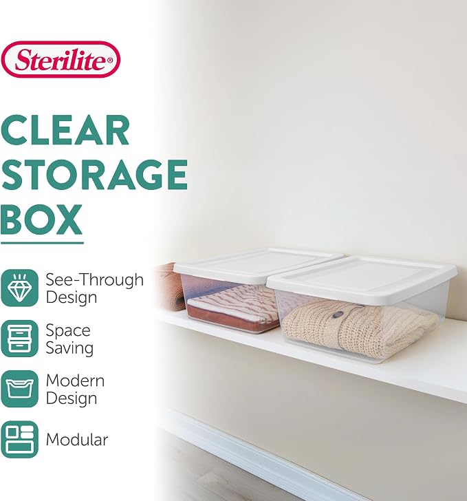 Sterilite 48 Pack Storage Box, 12 Quart Stackable Tote, Clear Plastic Container with Secure Snapping Lids for Home and Office Organization, White