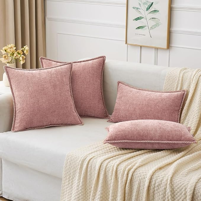 MIULEE Pack of 2 Lumbar Throw Pillow Covers 12x20 Inch Blush Pink Farmhouse Decorative Pillow Covers with Stitched Edge Soft Chenille Solid Dyed Pillow Covers for Couch Sofa Bed Living Room