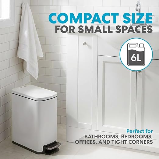 SIMPLI-Magic 6L/1.6G Stainless Steel Bathroom Trash Can with Hands-Free Foot Pedal, Quiet Soft-Close Lid, Compact Space-Saving Size