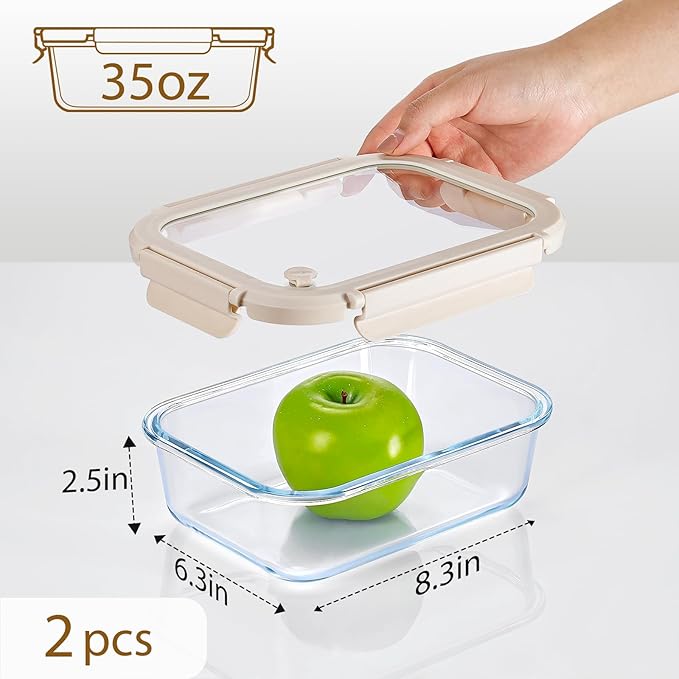 NUTRIUPS Glass Food Storage Containers with Glass Lids, 35 OZ, Set of 2 | Rectangle, 4 Cup, High Borosilicate Glass Meal Prep Containers