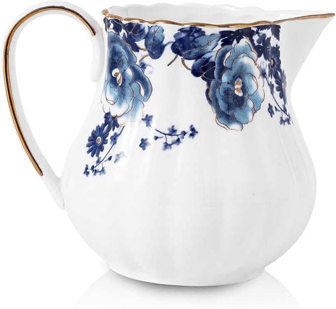 7.6oz Creamer Pitcher,Small Milk Jug with Handle,Small Milk Pitcher Cup for Coffee, Sauces, Salad (White with blue flower)