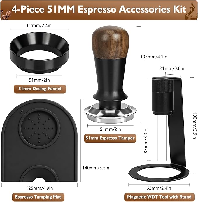 51mm Espresso Accessories Kit - Includes Spring-Loaded Espresso Tamper, WDT Tool with Magnetic Stand, Dosing Funnel & Tamping Mat | Professional Espresso Tool for Home Baristas