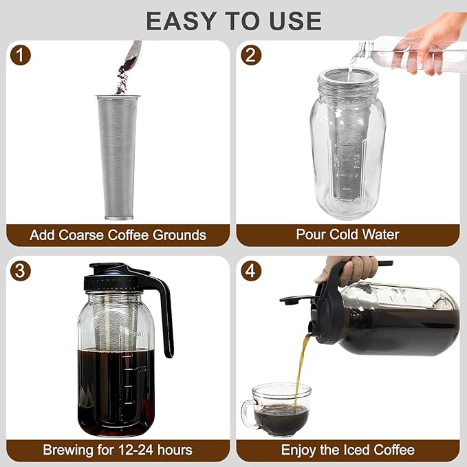 Cold Brew Coffee Maker, 64oz Cold Brew Pitcher with Stainless Steel Filter & Coffee Mat, Glass Cold Brew Mason Jar with Airtight Lid, Cold Brew Brewer Kit Tea Infuser Pitcher, Gifts for Coffee Lovers