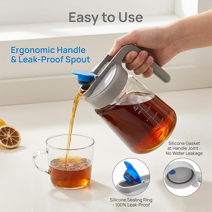 ECORELAX Cold Brew Coffee Maker,High Transparency Borosilicate Glass Container with Stainless Steel Filter, Iced Tea Pitcher with Lid,Modern Style, Ergonomic Handle,Spill-proof Lid (（Gray 32oz)