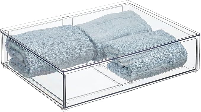 mDesign Wide Plastic Stackable Bathroom Storage Organizer Bin with Pull Out Drawer for Cabinet, Vanity, Shelf, Cupboard, Cabinet, Countertop, Closet Organization - Lumiere Collection - 2 Pack - Clear