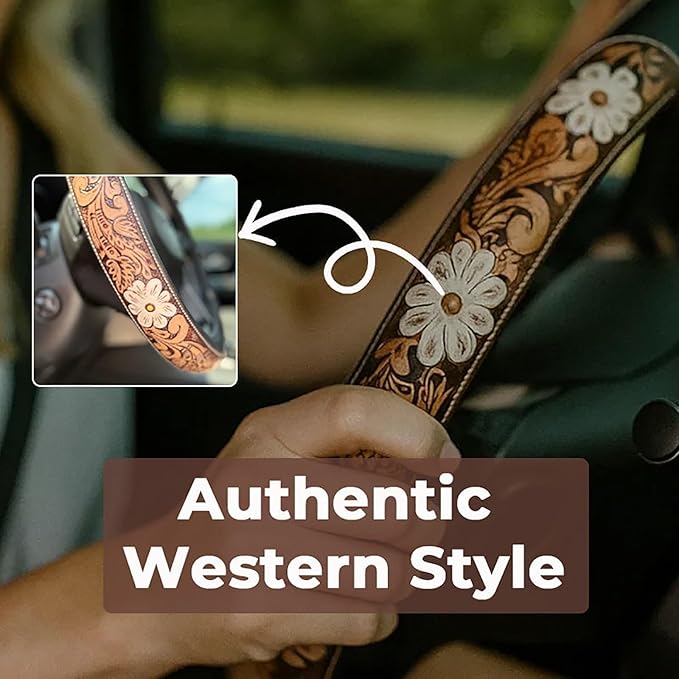 Western Steering Wheel Cover 14.5–15" – Retro Tooled Leather Pattern, Universal Anti-Slip Car Accessories for Trucks SUVs Cars, Boho Cowgirl/Cowboy Gift (B)