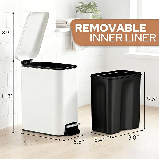 Small Bathroom Trash Can w/Lid Soft Close, 6 Liter/1.6 Gallon Stainless Steel Garbage Can w/Inner Bucket, Trash Bin Waste Basket for Kitchen, Bedroom, Living Room, Office, Toilet, White