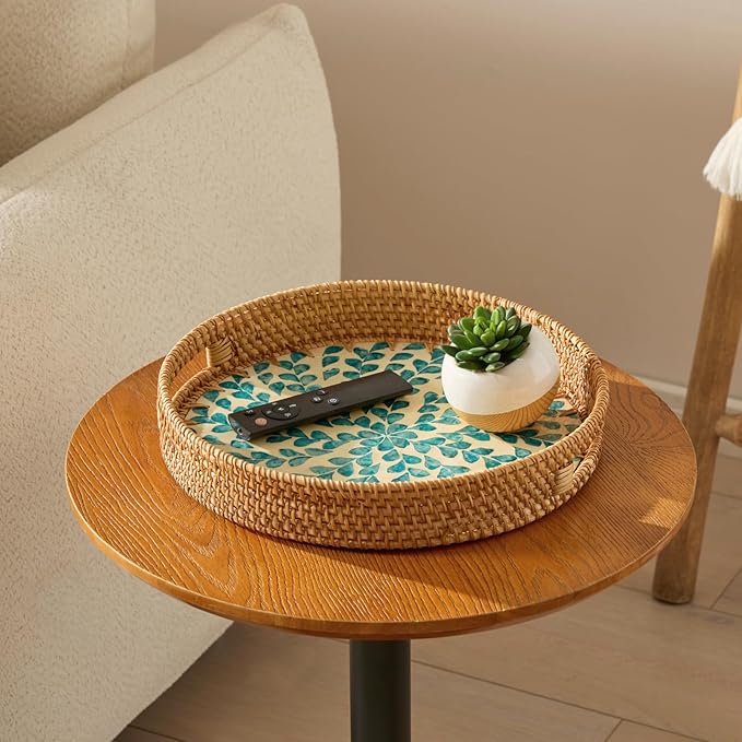 YANGQIHOME Round Rattan Tray with Handle, Mother of Pearl Inlay Decorative Wicker Basket for Coffee, Bread, Fruits, Serving Tray for Home Decor, Blue Clover