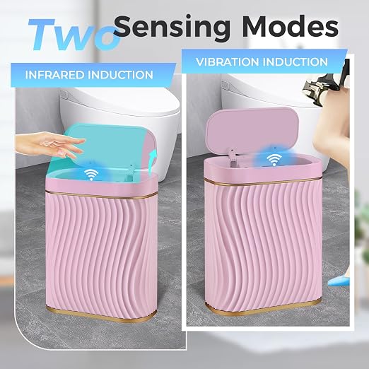steo spce Bathroom Small Trash Can with Automatic Touchless Lid, 2.6 Gallon Smart Garbage Can Narrow Waterproof Trash Bin for Bedroom, Office, Living Room (Gold Pink)