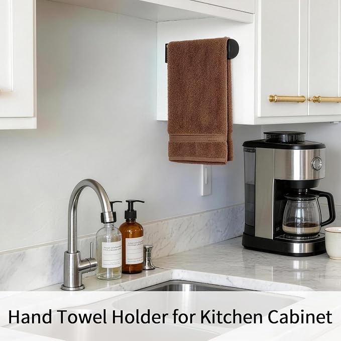 Adhesive Towel Holder, Self Adhesive Hand Towel Racks for Bathroom Wall Mounted, 8 Inch Square Hand Towel Bar Stick on Wall for Kitchen Cabinet RV, Black