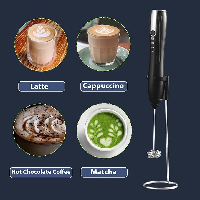 Rechargeable Milk Frother Handheld with Stand, Coffee Foam Frother Wand, Detachable Stainless Steel Whisk Drink Mixer for Coffee, Cappuccino, Lattes, Frappe, Matcha,Egg and Hot Chocolate, (Black)