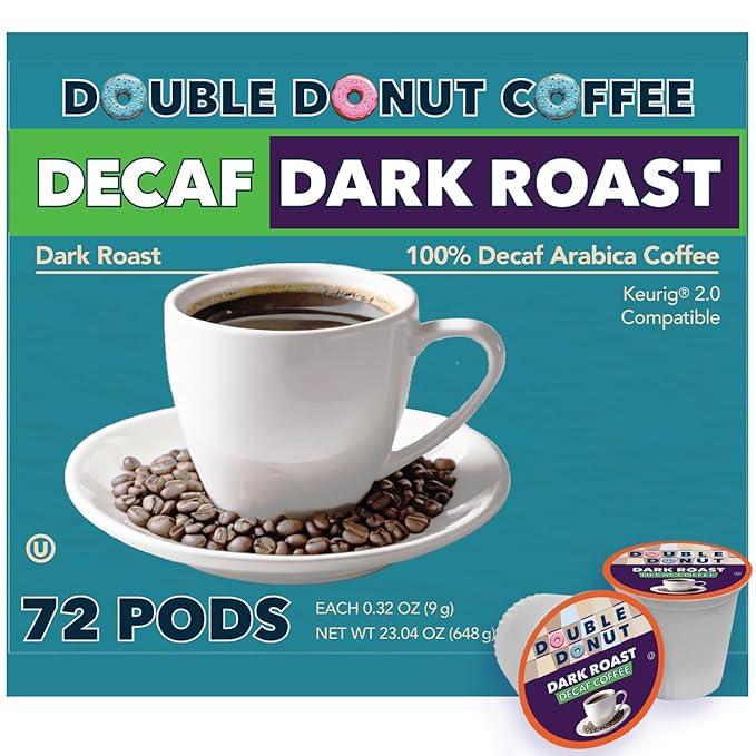 Double Donut Coffee Decaf Extra Bold Blend Dark Coffee pods, Dark Roast Coffee, Compatible with Keurig K Cups Brewers, 72 Count