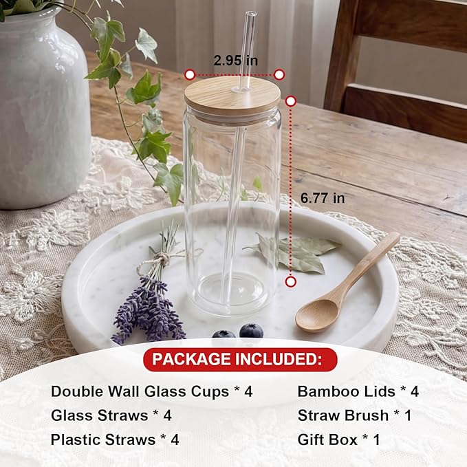 4 Pack Glass Cups with Lids and Straws 16 oz Double Wall Glass Tumbler Insulated Borosilicate Iced Glass Coffee Cups for Iced Coffee, Smoothies, Tea, Juice