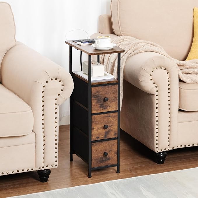 Narrow End Table Living Room with Charging Station, Skinny Side Table with Fabric Drawers, Slim Nightstand for Bedroom, Small Spaces, Couch, Brown, HETNDP03BR-1