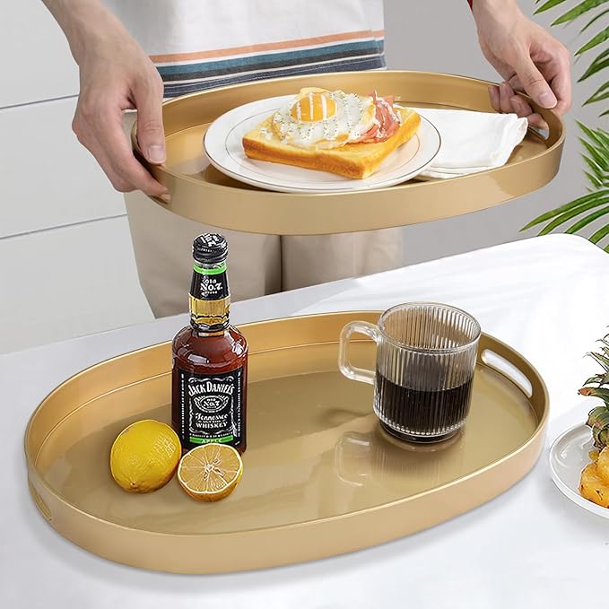 MAONAME Gold Serving Trays with Handles, Oval Decorative Tray for Coffee Table, Nesting Trays Set of 2, Plastic Vanity Tray for Ottoman, Living Room