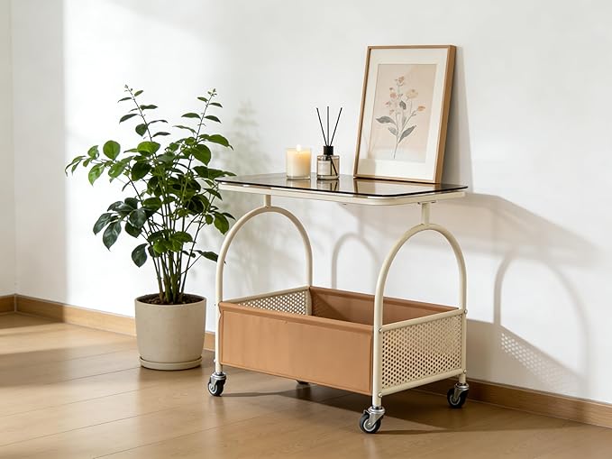 D&H FURNIMMT 2-Tier Rolling Side Table with Glass Top Storage Basket Mobile End Table/Coffee Table with Wheels for Living Room, Bedroom, Kitchen, Balcony Brown & White(22" x 14" x 21")