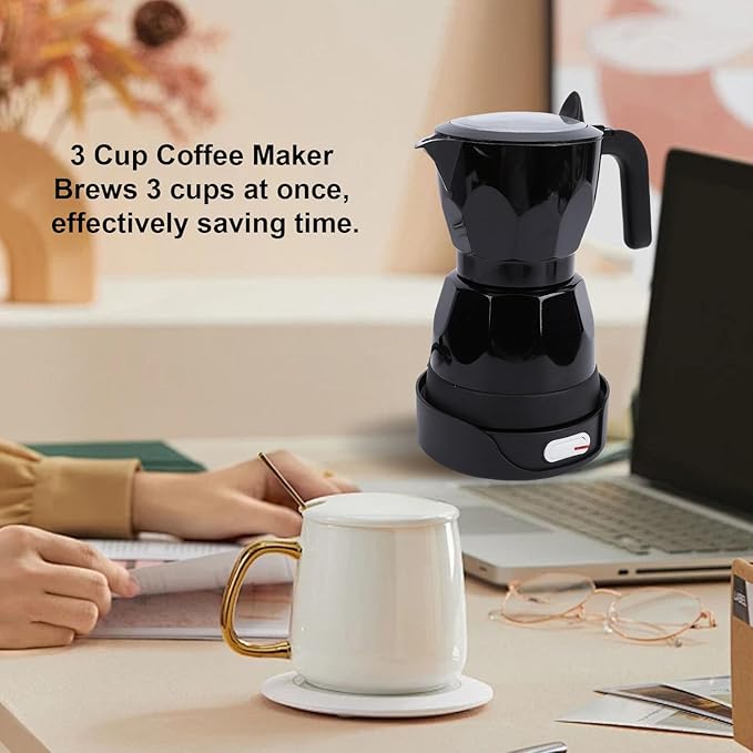 Electric Espresso Coffee Maker, 3 Cup Aluminum Italian Coffee Pot, Electric mokas Pot, Cuban Coffee Maker, Portable Mocha Pot Espresso Maker, Coffee Machine mokas Maker (Black)