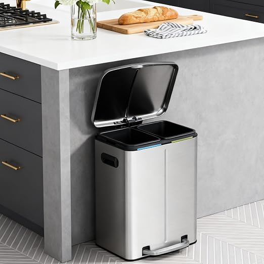 PayLessHere Dual Compartment Trash Can with Lid Removable Inner Bucket Foot Pedal Soft Close for Office Home Kitchen Garbage Can Trash Bin (Stainless Steel, 10 G)