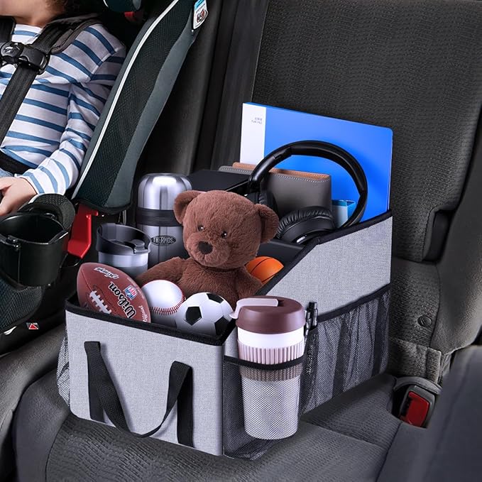 Smof Car Seat Organizer-Car Organizer Front Back Seat for Kids Collapsible Car Backseat Storage with Detachable Divider, Cup Holders & Mesh Pockets, Small Travel Organization for Trunk