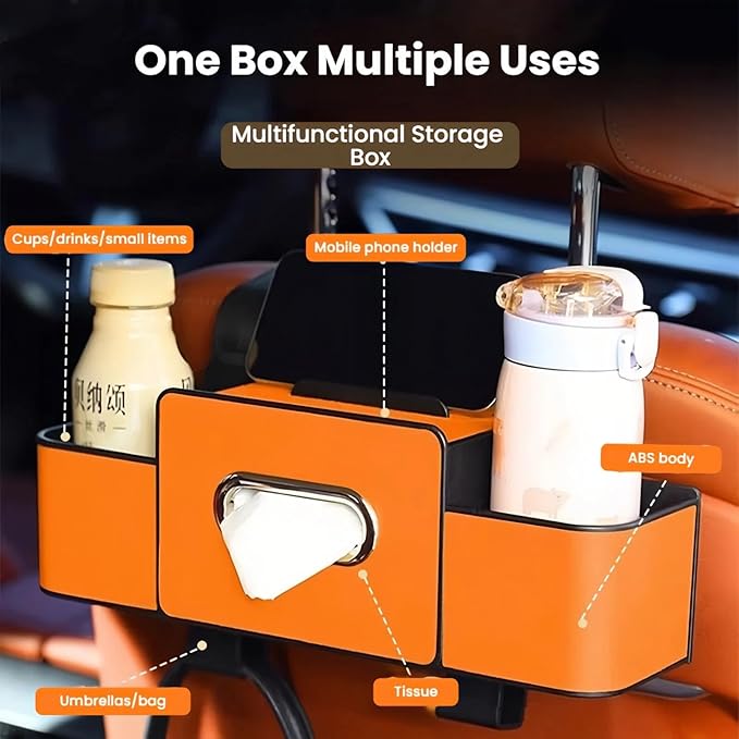 Car Organizers and Storage Box, 2026 New Multifunctional Car Seat Back Storage Box, Multifunctional Car Back Seat Storage Organizer-Carstorage Bag with 2 Cup Holders, Tissue Box, Hooks (Brown)