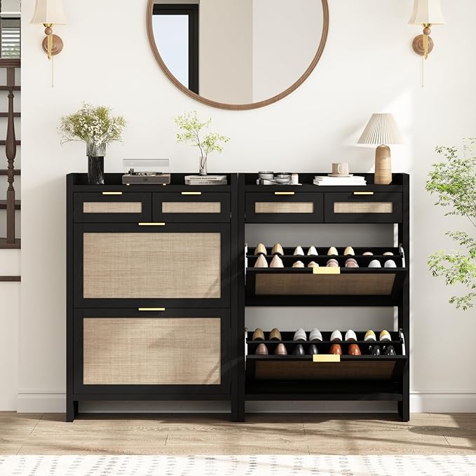 HOKYHOKY Rattan Shoe Storage Cabinet with 2 Drawers & 2 Flip Drawers – Hidden Slim Shoe Organizer for Entryway, Large Tabletop Space, Farmhouse Boho Narrow Shoe Rack, Rustic Black