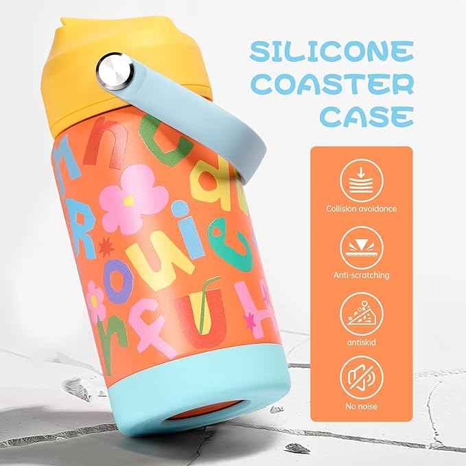 Kids Insulated Water Bottle with Straw Lid, 12 oz BPA-FREE Double Wall Vacuum Tumbler 18/8 Stainless Steel Leak Proof Kids Cups with Straw for School Travel Boys Girls (Orange Letters)