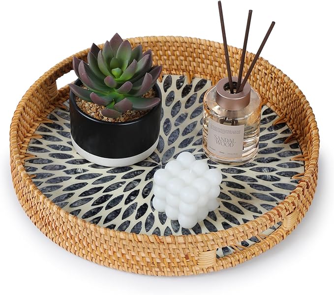 YANGQIHOME Round Rattan Tray with Handle, Mother of Pearl Inlay Decorative Wicker Basket for Coffee, Bread, Fruits, Serving Tray for Home Decor, Blue Leaf
