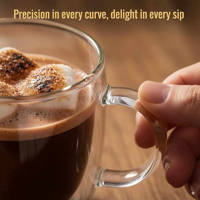Double Walled Coffee Cups Glasses Mugs 9oz Set of 4 | Heat Resistant Borosilicate Clear Glass Espresso Latte Cappuccino Tea Cups with Handle | Insulated Glass Coffee Mugs Ideal for Gifting