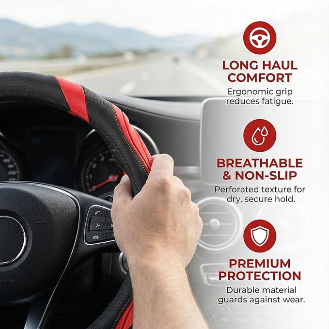 Car Steering Wheel Cover, Breathable Soft Leather Vehicle Wheel Cover Protector for Men Women, Non-Slip Automotive Interior Protection Accessories, Universal for Most Vehicles (Black/Blue)