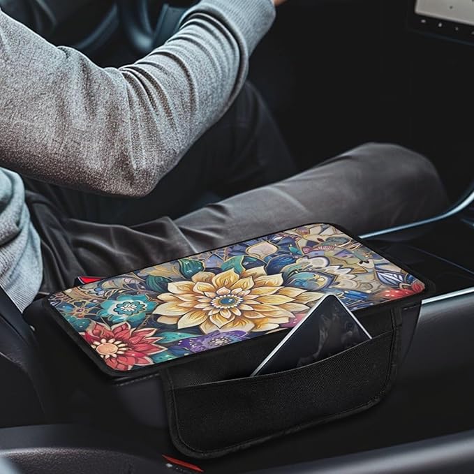 BIGCARJOB Car Center Console Cover Blossom Lotus Print Armrest Cover for Car Center Console with Side Storage Portable Middle Console Cover Auto Center Console Organizer Bag