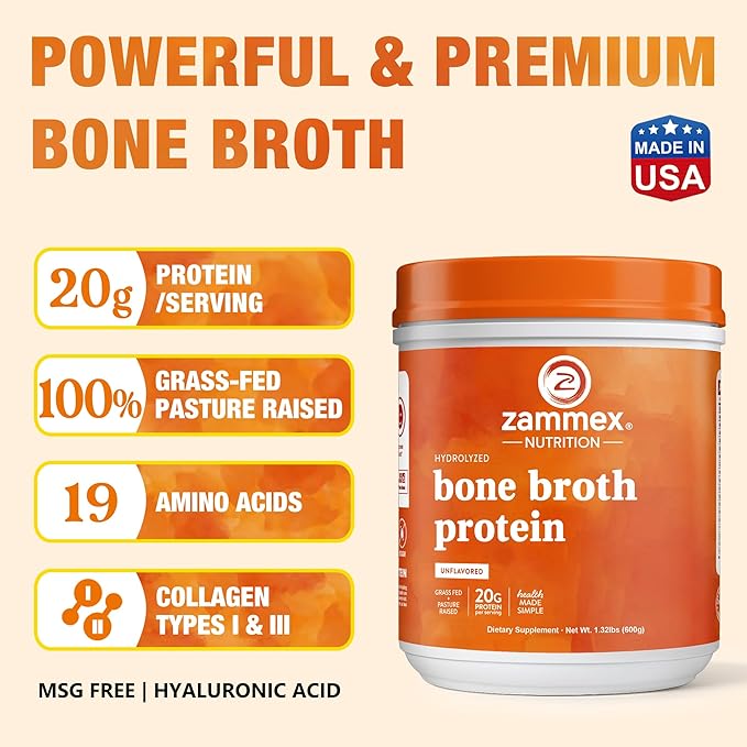 Zammex Pure Grass Fed Beef Bone Broth Protein Powder, 20g Protein, Hydrolyzed Collagen Supplement for Healthy Skin, Nails, Hair, Joints, Non-GMO, Gluten Free, Paleo & Keto Friendly, Great in Soup