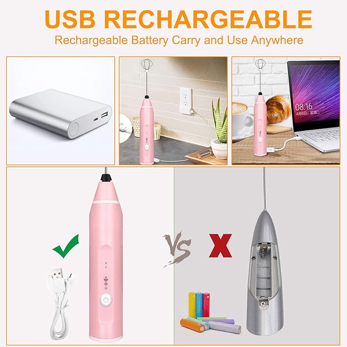 Milk Frother Handheld, Gbivbe Rechargeable Whisk Drink Mixer for Coffee with Art Stencils, Mini Foamer for Cappuccino, Hot Chocolate Match, Frappe, Hot Chocolate, Egg Whisk