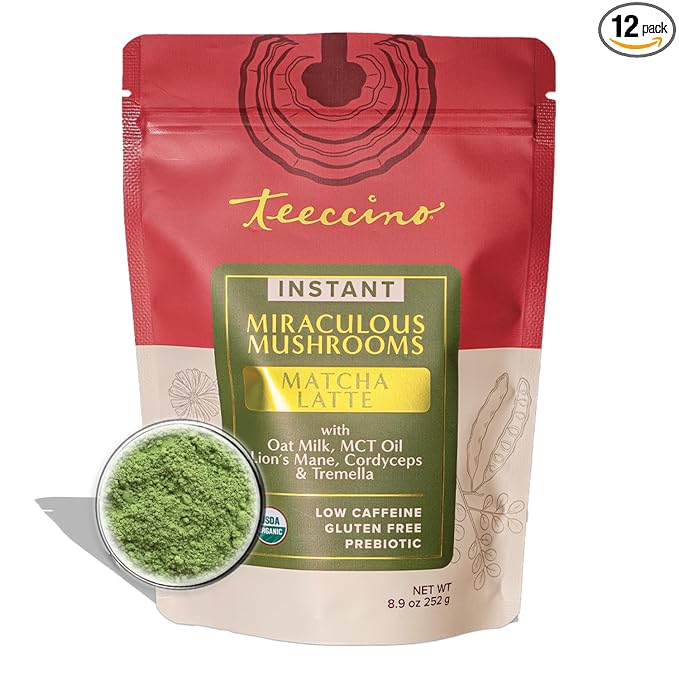 Miraculous Mushrooms Instant Matcha Latte by Teeccino – 12 servings - Organic Matcha Latte with MCT Oil and Adaptogenic Mushrooms - Lion’s Mane, Cordyceps & Tremella – Antioxidants, Low Caffeine, Prebiotic - 8.9 ounces