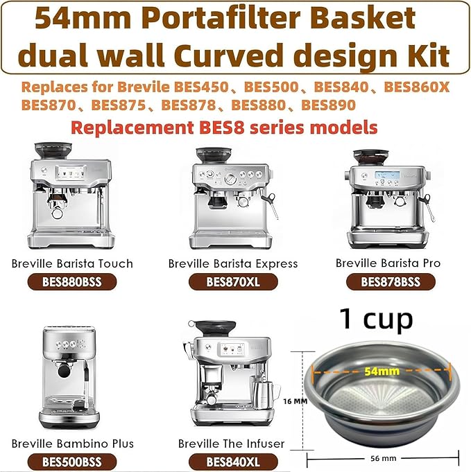 1 cup 54 mm Dual Wall coffee Filter Basket compatible with Breville BES870/875/880/878/890/500/ Express Espresso Machine BES870XL Filter Basket