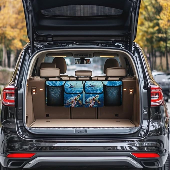 Car Trunk Organizer, Sea Turtle Car Organizers and Storage Backseat Car Organizer for SUV/Truck/MPV, Hanging Car Organization with 4 Pocekts, Frees Trunk Floor, Sturdy Space Saving Expert